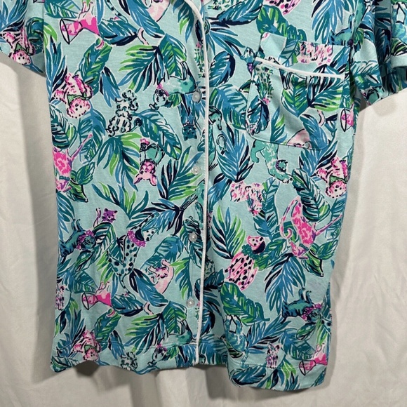 NEW Lilly Pulitzer [ XXS ] PJ Knit Button-Up Top Blue Barking Up‎ Palm Tree - Picture 5 of 14